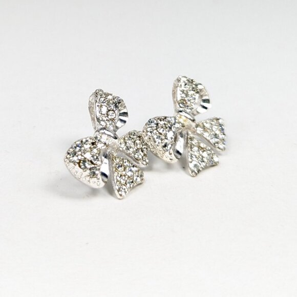 Rhinestone Silver Bow Stud Post Fun Fashion Earrings - Picture 3 of 11